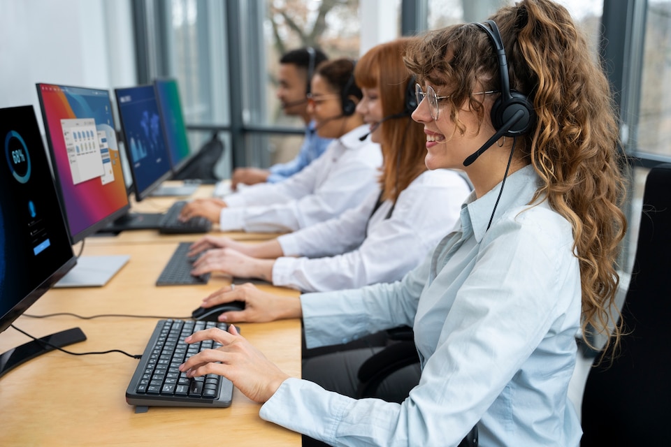 A busy call center with agents working at their desks, representing the fast-paced environment of call centers.