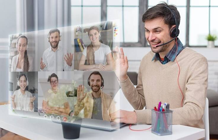 A virtual call center with remote agents connected through screens, symbolizing the concept of a virtual call center